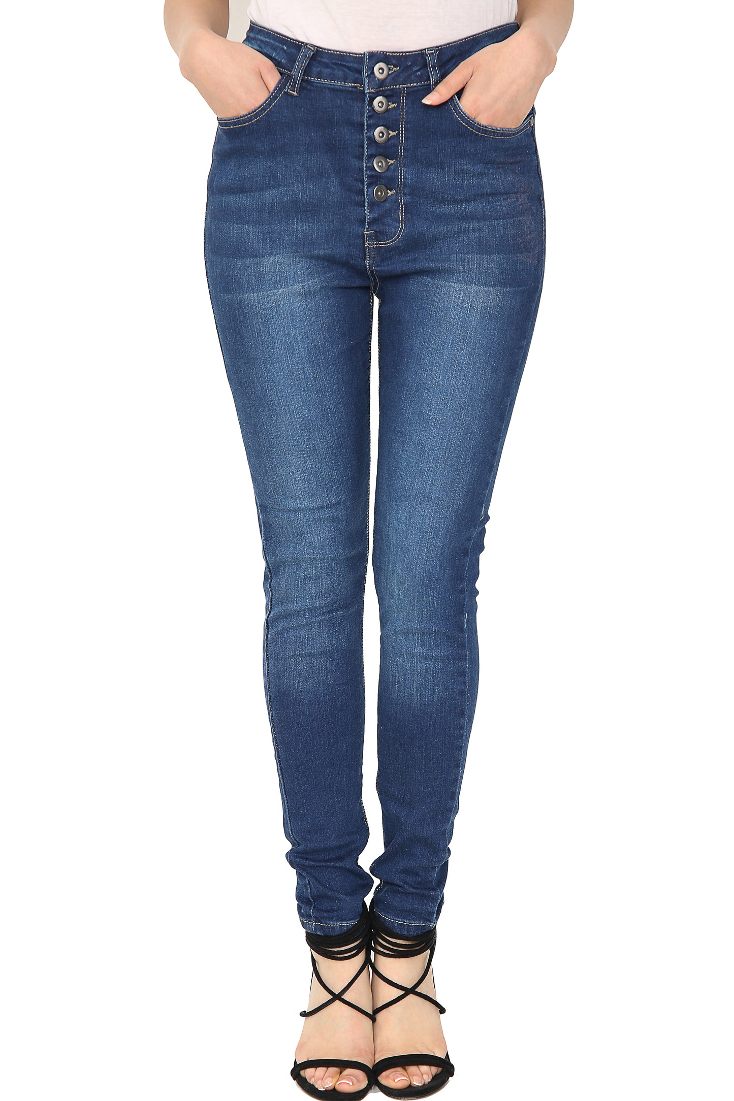 Ladies Multi Button Jeans, Slim fit, Pockets Front & Back, Dark Wash, 76% Cotton, 22% Polyester, 25 Elastane