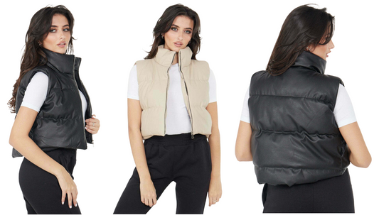 Faux Leather Puffer Padded Gilet Cropped Jacket