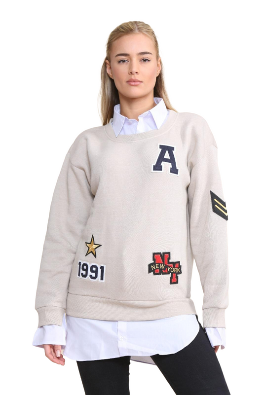 Oversized Badge Motif Varsity Sweatshirt Jumper