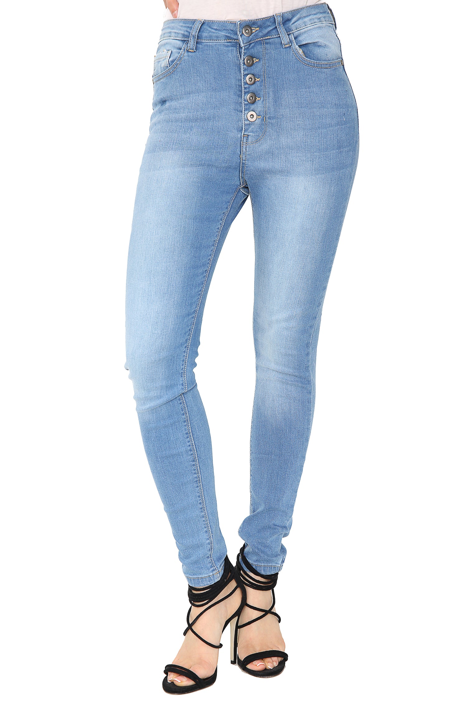 Ladies Multi Button Jeans, Slim fit, Pockets Front & Back, Light Wash, 76% Cotton, 22% Polyester, 25 Elastane