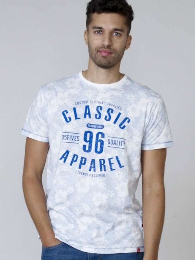 Men's Sky Blue Floral "Classic Apparel" Design T-Shirt.