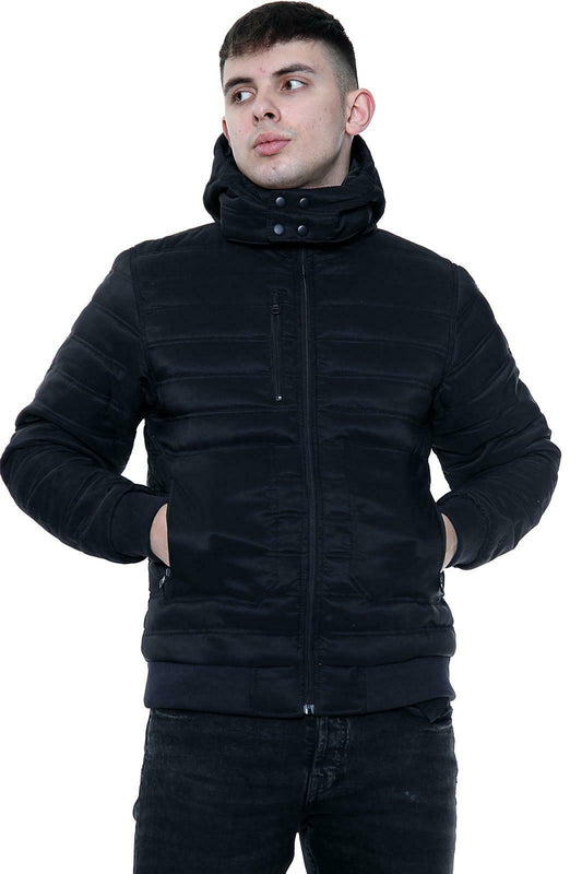 Men's Puffer Jackets With Detachable Hood In Black . These Jackets Have Elasticated Wrist Cuffs and Waist Band. They Are Front Zip Fastening With 2 Side Pockets A Breast Outer Pocket And Also An Inner Pocket. The Hood detaches With A Zip. Also Available In  Navy And From Size Small With Chest Size Of Up To 42" To A 2 X _large Which Goes Up To A Chest Size Of Up To 50".