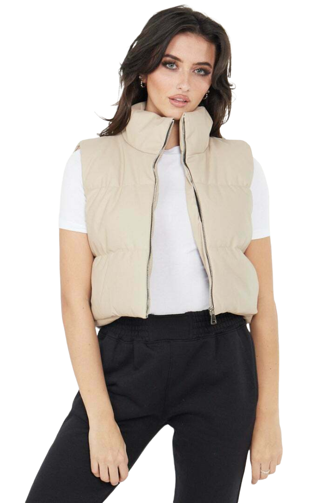 Faux Leather Puffer Padded Gilet Cropped Jacket