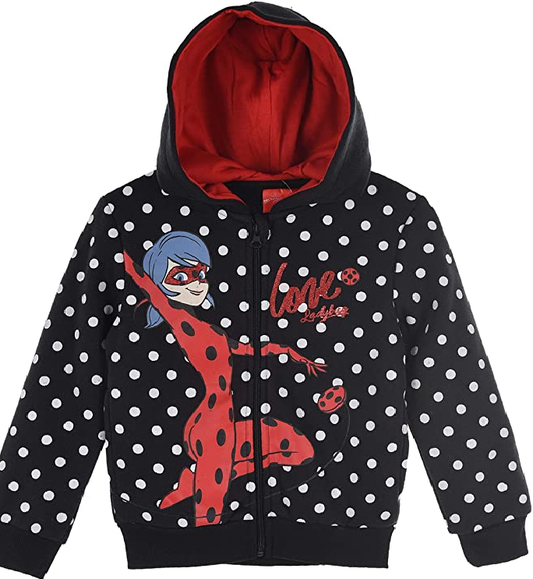 Miraculous Ladybug & Cat Noir Black  Hoodie, Ages 4, 5, 6, 8, White Polka Dots With Ladybug Image, Has 2 Pockets, Hood And zip, 100% Polyester, Official Merchandise