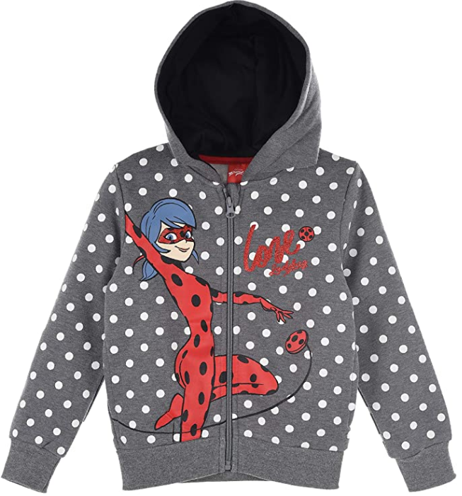 Miraculous Ladybug & Cat Noir Grey Hoodie, Ages 4, 5, 6, 8, White Polka Dots With Ladybug Image, Has 2 Pockets, Hood And zip, 100% Polyester, Official Merchandise