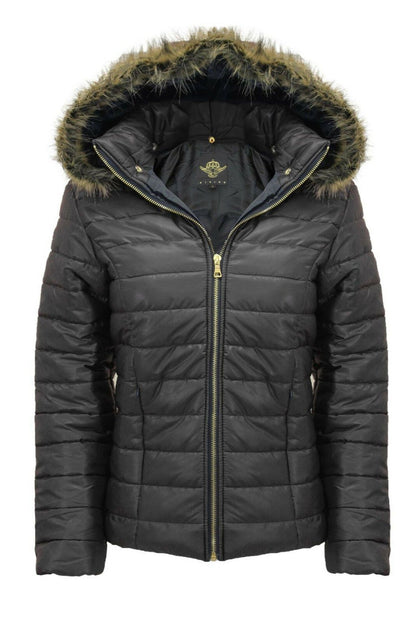 Wet Look Padded Coat with Faux Fur Detachable Hood
