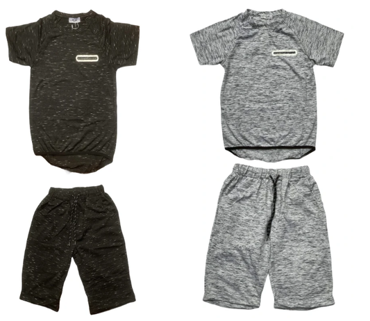 Black Or Grey T-Shirt & Short Set,  Age 3 To 14, T-Shirt Is Short Sleeve & False Zip Effect On The Front, Shorts Are Elasticated Waist With Drawstring & Pockets, 35% Cotton & 65% Polyester