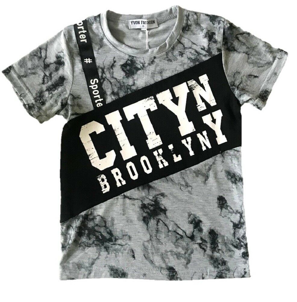 Boys Short Sleeve T-Shirt. It Is A Marbled Grey & BlackDesign T-Shirt With City Brooklyn On The Front. Perfect For The Summer Weather Or Sporting Activities. Sizes 4-12 Available
