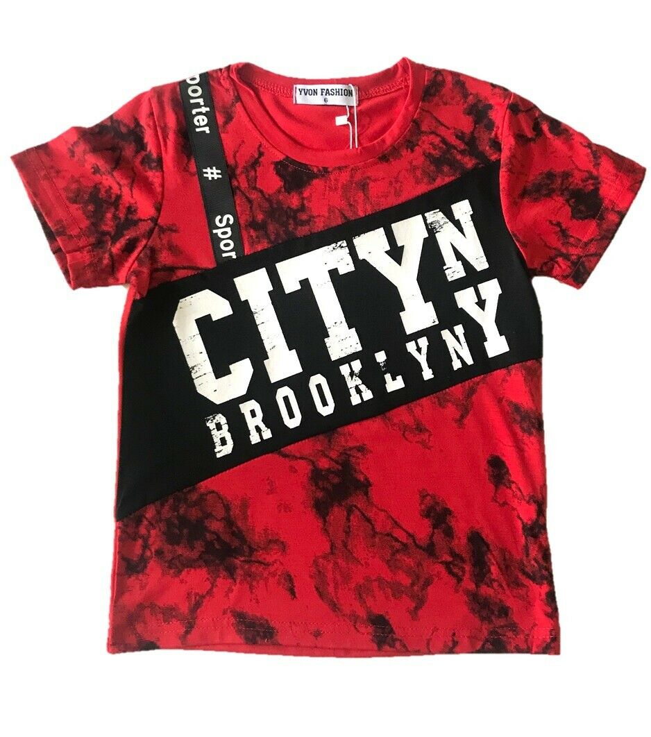 Boys Short Sleeve T-Shirt. It Is A Marbled Black & Red Design T-Shirt With City Brooklyn On The Front. Perfect For The Summer Weather Or Sporting Activities. Sizes 4-12 Available