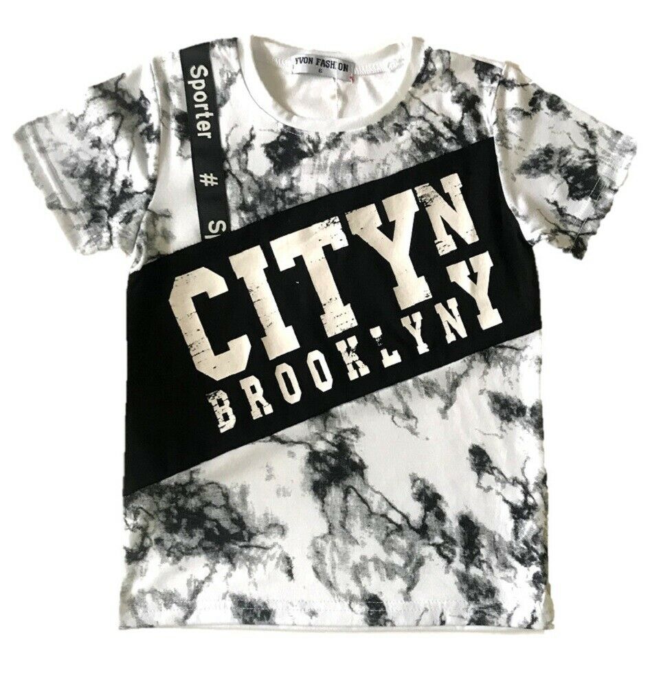 Boys Short Sleeve T-Shirt. It Is A Marbled White & Black Design T-Shirt With City Brooklyn On The Front. Perfect For The Summer Weather Or Sporting Activities. Sizes 4-12 Available
