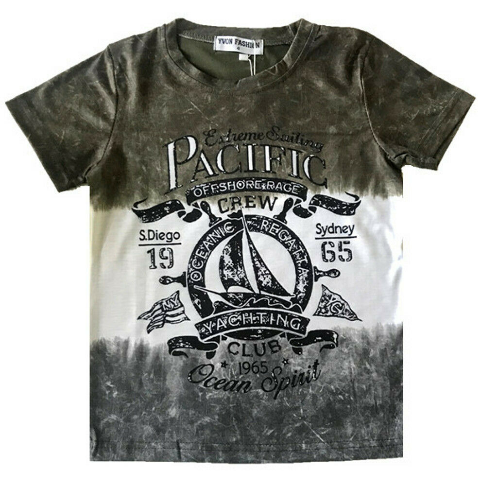 Boys Short Sleeve T-Shirt. It Is Green & White Pacific Yachting Club Design T-Shirt . Perfect For The Summer Weather Or Sporting Activities. Sizes 4-12 Available