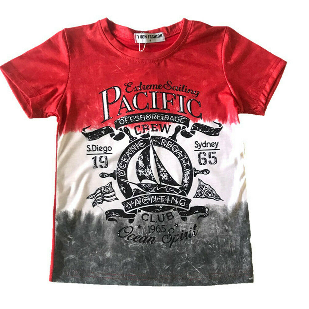 Boys Short Sleeve T-Shirt. It Is Red & Grey  Pacific Yachting Club Design T-Shirt . Perfect For The Summer Weather Or Sporting Activities. Sizes 4-12 Available