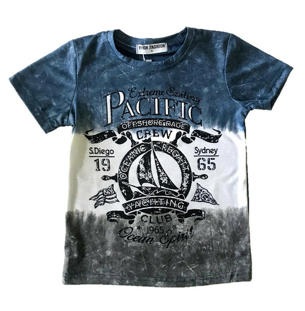 Boys Short Sleeve T-Shirt. It Is Blue & Grey Pacific Yachting Club Design T-Shirt . Perfect For The Summer Weather Or Sporting Activities. Sizes 4-12 Available