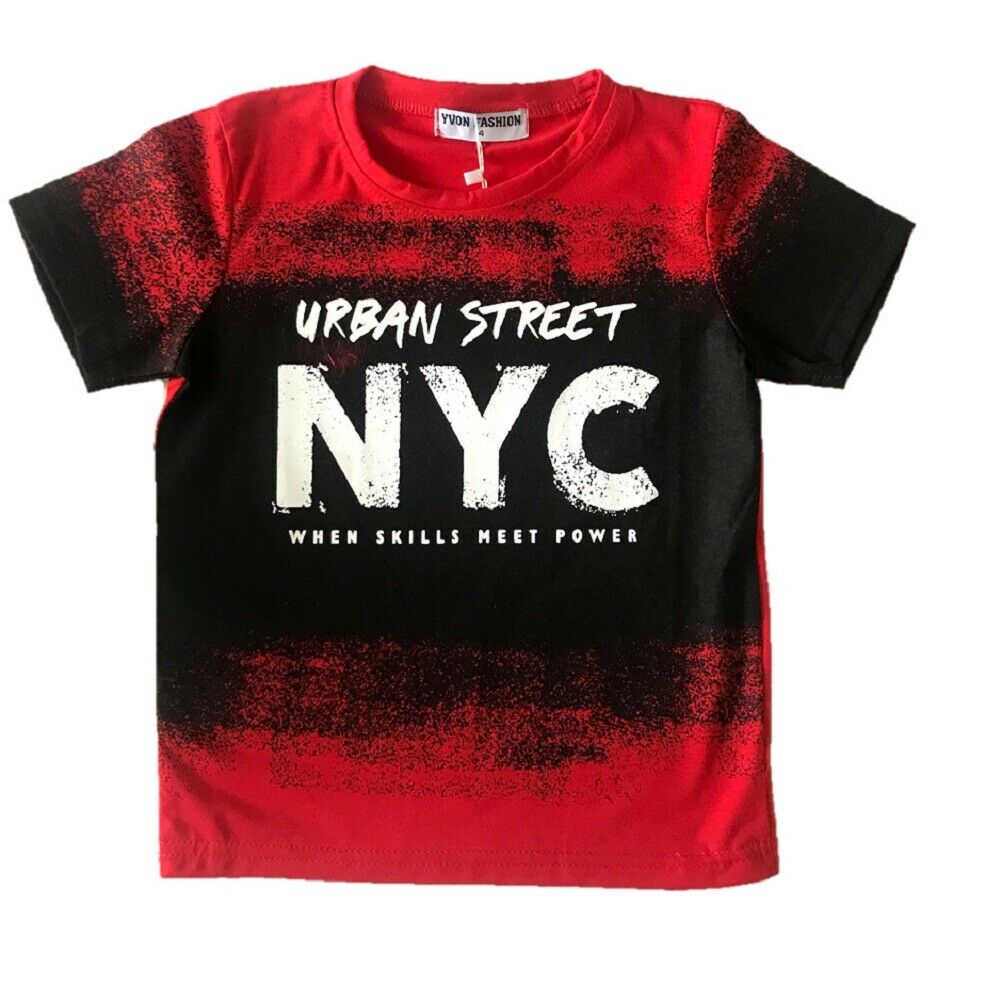 Boys Short Sleeve T-Shirt. It Is Black & Red Urban Street NYC Design T-Shirt . Perfect For The Summer Weather Or Sporting Activities. Sizes 4-12 Available