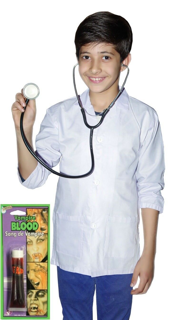 Children's Fancy Dress Outfit, White Doctors Coat With Fake Blood, Ages 4 To13