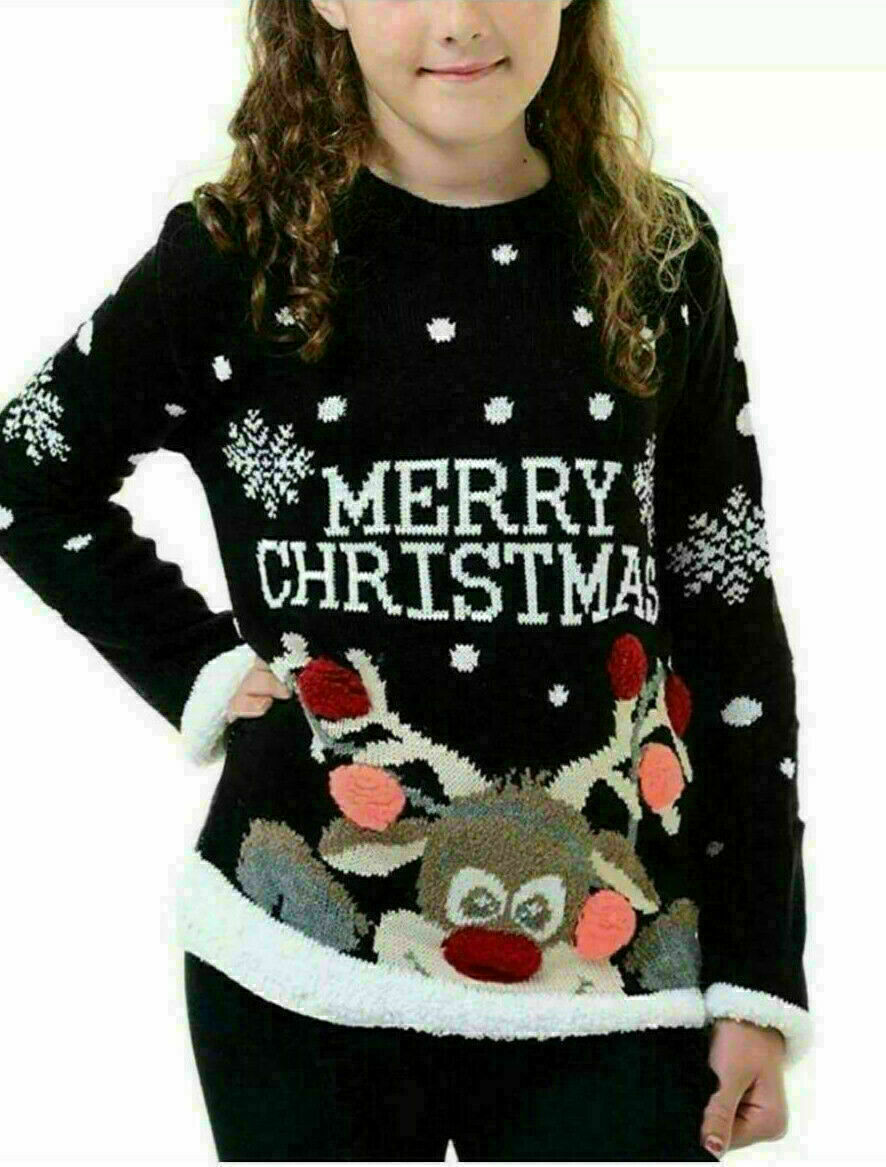 Children's Christmas Jumper In Black With Multi Pom Pom Rudolph Design. Age 3-14.
