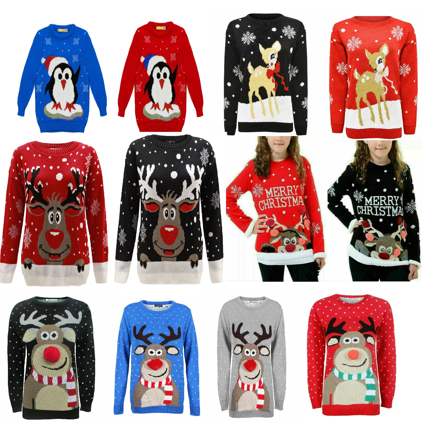 Children's Christmas Jumpers. Multiple Colours And Designs Available. Sizes 3-14. Perfect For Celebrating On Christmas Day.