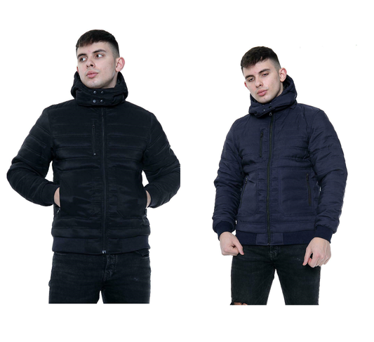 Men's Puffer Jackets With Detachable Hood In Black & Navy. These Jackets Have Elasticated Wrist Cuffs and Waist Band. They Are Front Zip Fastening With 2 Side Pockets A Breast Outer Pocket And Also An Inner Pocket. The Hood detaches With A Zip. Available In Black or Navy And From Size Small With Chest Size Of Up To 42" To A 2 X _large Which Goes Up To A Chest Size Of Up To 50".