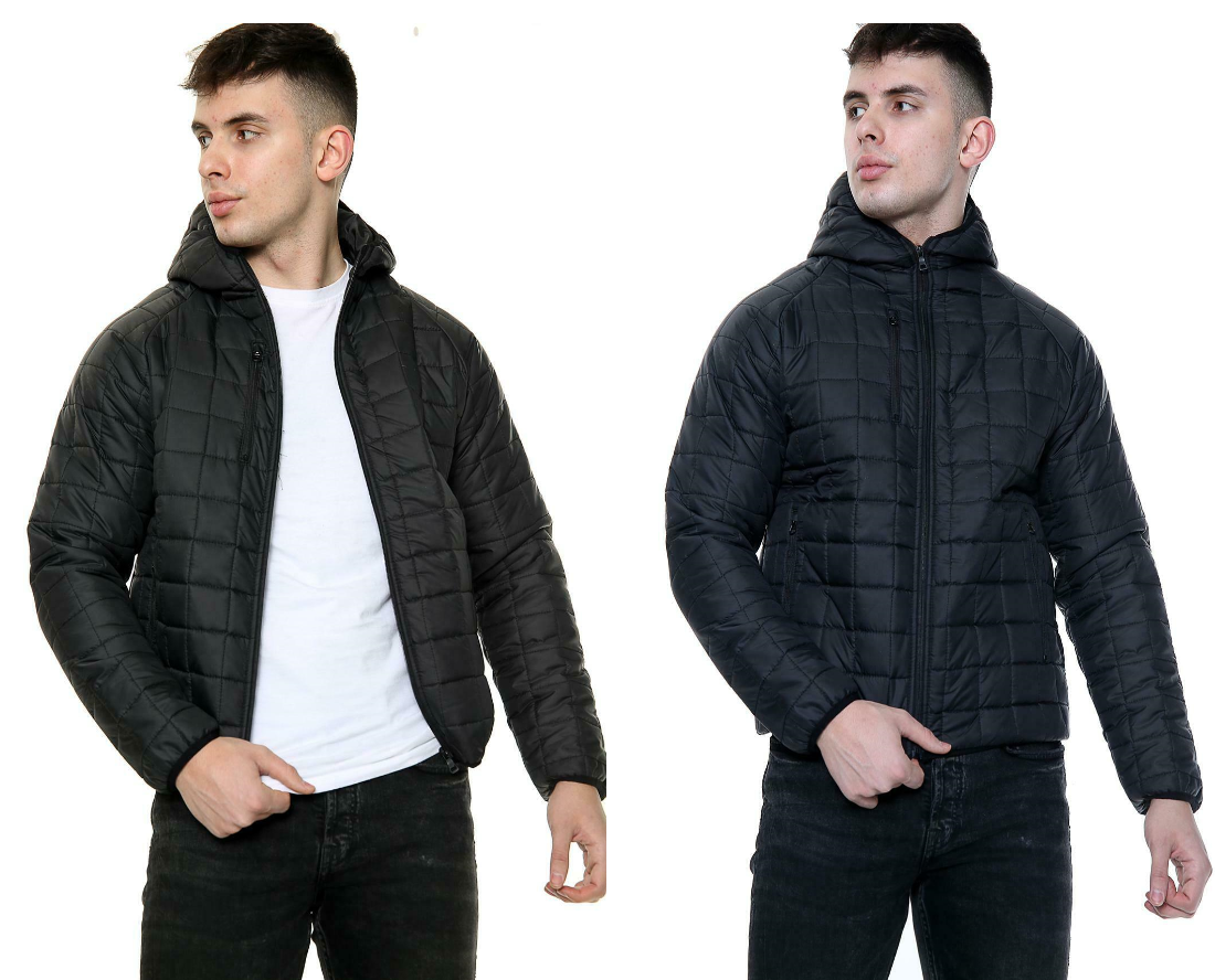 Men's Bubble Jackets With  Hood In Black & Navy. They Are Front Zip Fastening With 2 Side Pockets A Breast Outer Pocket And Also An Inner Pocket. Available In Black or Navy And From Size Small With Chest Size Of Up To 42" To A 2 X _large Which Goes Up To A Chest Size Of Up To 50".