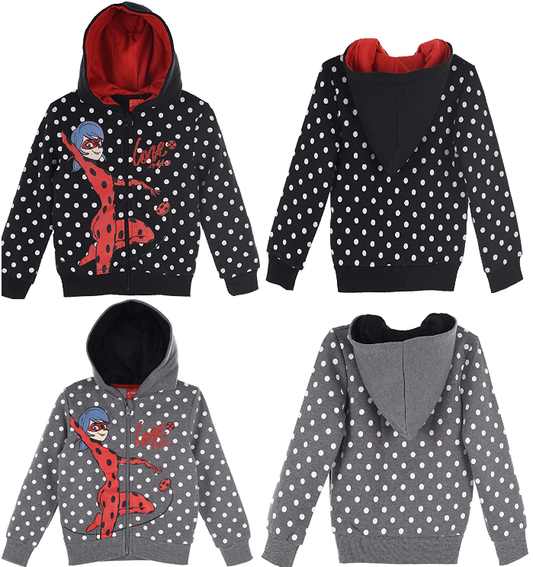 Miraculous Ladybug & Cat Noir Hoodies, Ages 4, 5, 6, 8, Black & Grey, White Polka Dots With Ladybug Image, Has 2 Pockets, Hood And zip, 100% Polyester, Official Merchandise