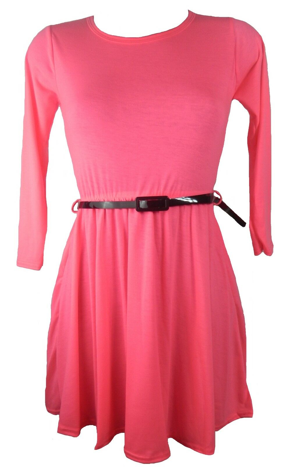 Girls Plain Neon Pink Skater Dress With Belt, Long Sleeve, Ages 7-8, 9-10, 11-12, 13