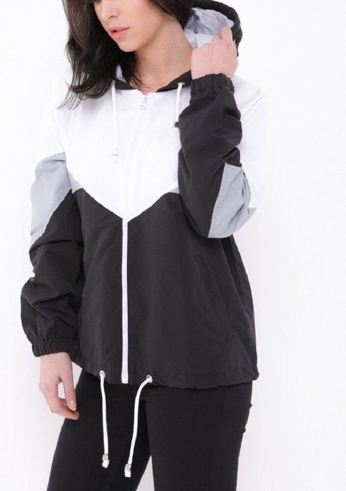 Ladies Contrast Windbreaker In Black, Grey & White.