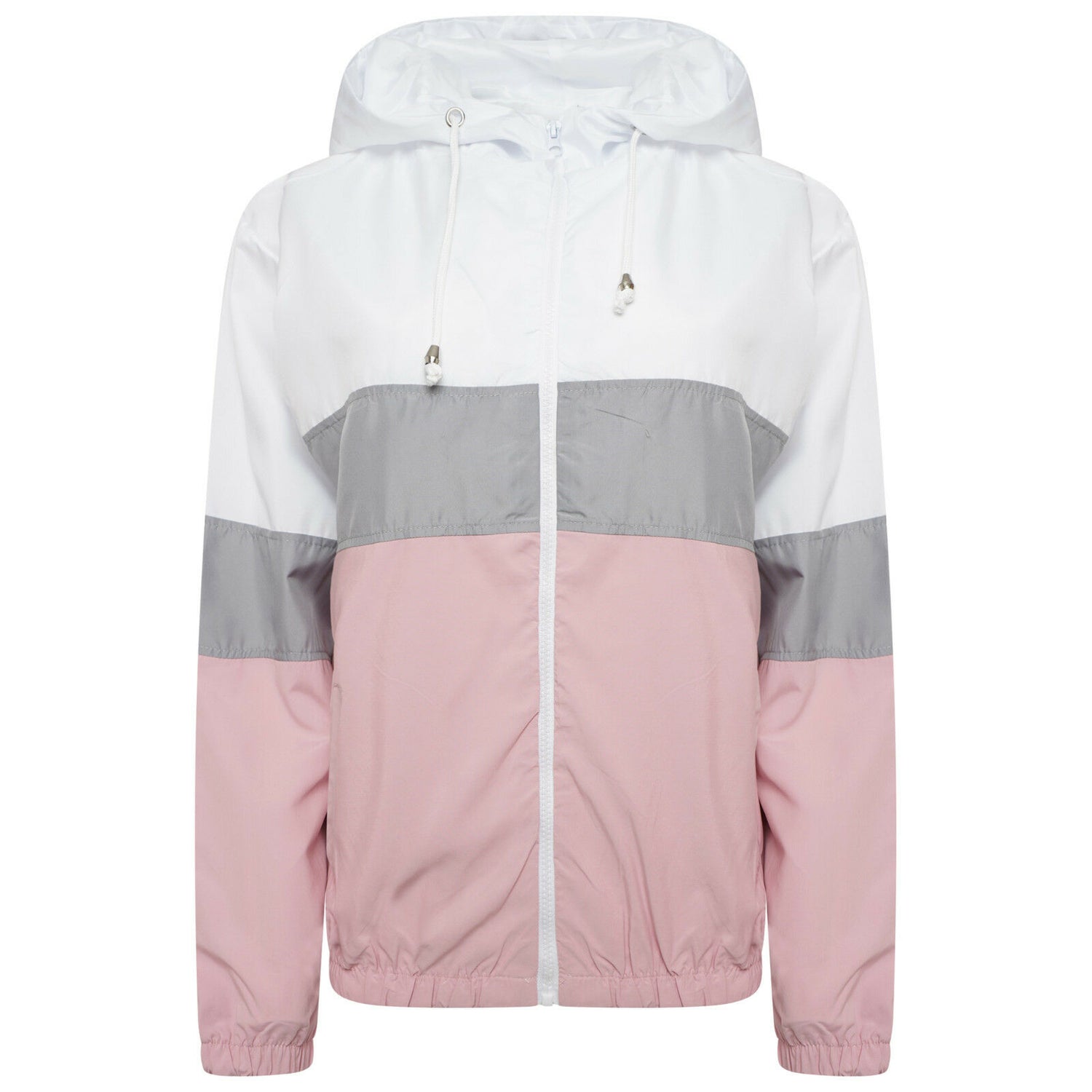 Ladies Contrast Windbreaker In Pale Pink, White & Grey Stripe.