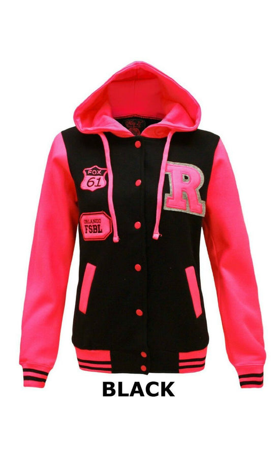 Ladies Black & Neon Pink Varsity Jacket.