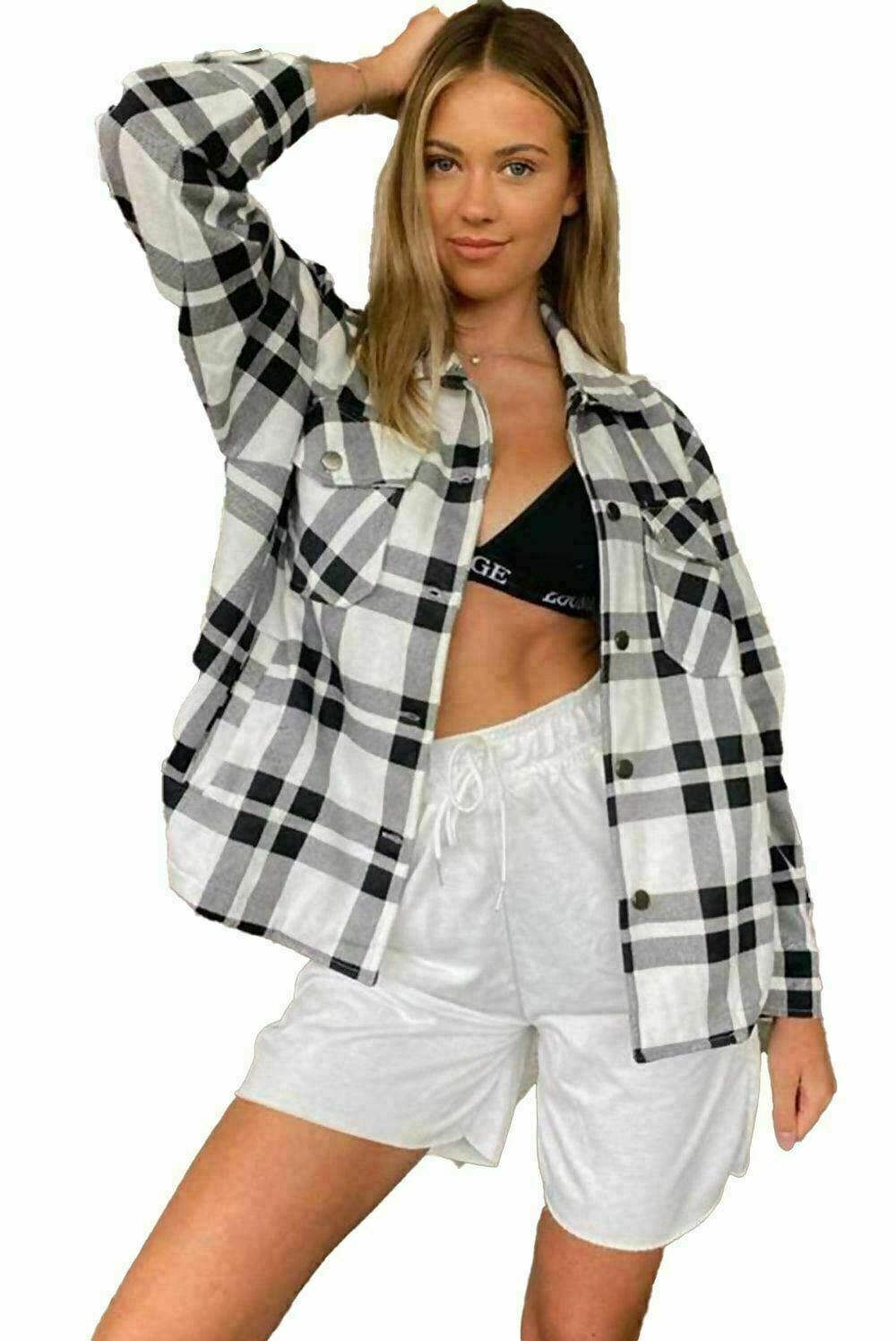 Ladies Oversized Shirt In A Black Check Design. Available In Sizes 4-8, 8-10, 12-14, 16-18. They Are Perfect To Wear Over A T-Shirt & Jeans As A Jacket.