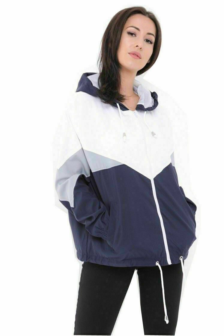 Ladies Contrast Windbreaker In Navy, White & Grey 