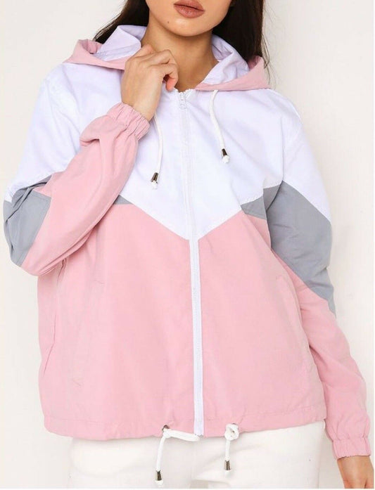 Ladies Contrast Windbreaker In Pale Pink, White & Grey.