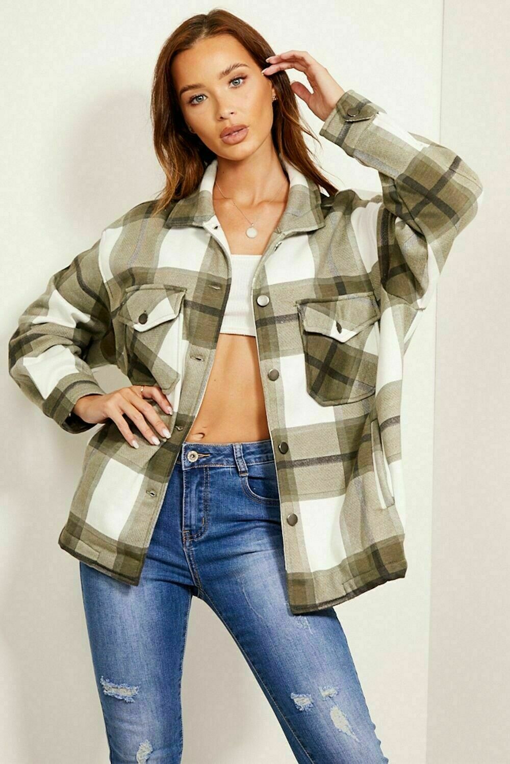 Ladies Oversized Shirt In A Khaki Check Design. Available In Sizes 4-8, 8-10, 12-14, 16-18. They Are Perfect To Wear Over A T-Shirt & Jeans As A Jacket.