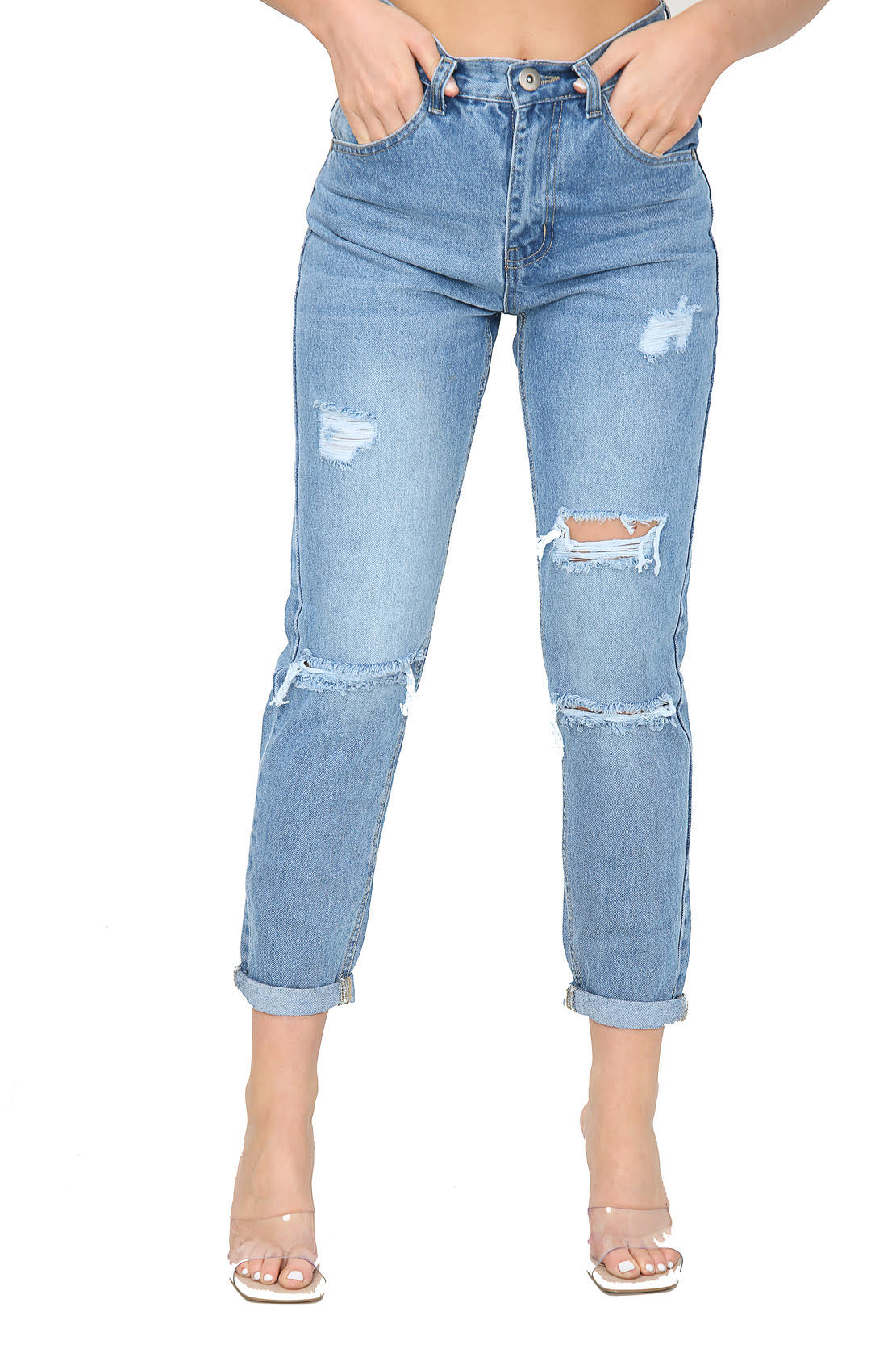 Ladies Light Wash Loose Fit Jeans. Sizes 6 To 14. Front Image
