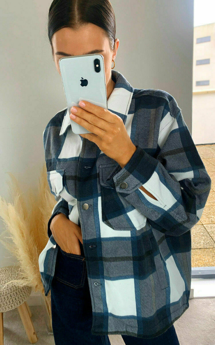 Ladies Oversized Shirt In A Navy Check Design. Available In Sizes 4-8, 8-10, 12-14, 16-18. They Are Perfect To Wear Over A T-Shirt & Jeans As A Jacket.