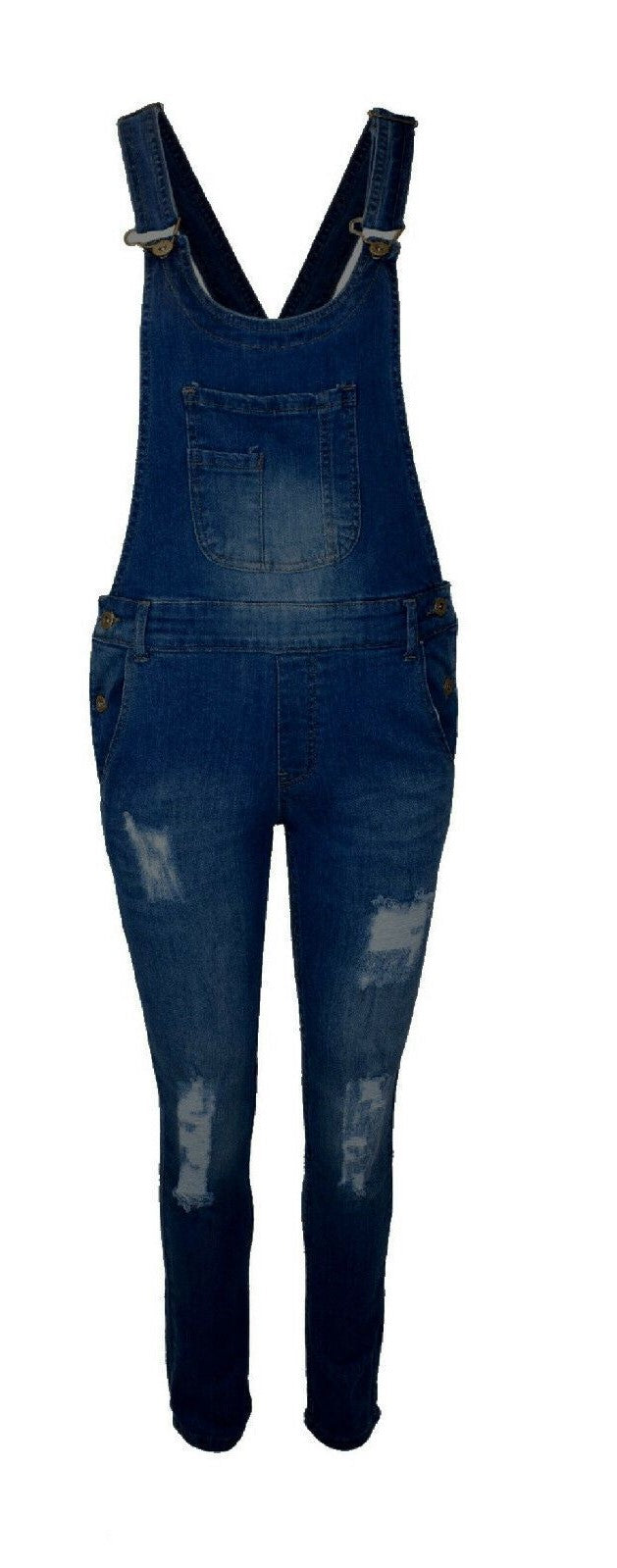 Ladies Dark Wash Ripped  Long Dungaree's In Sizes 8-22. The Straps Are Adjustable And Has 2 Side Pockets.