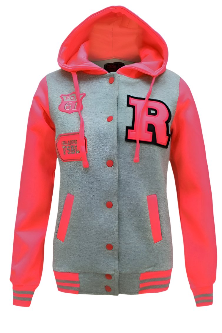 Ladies Silver  Grey & Neon Pink Varsity Jacket.