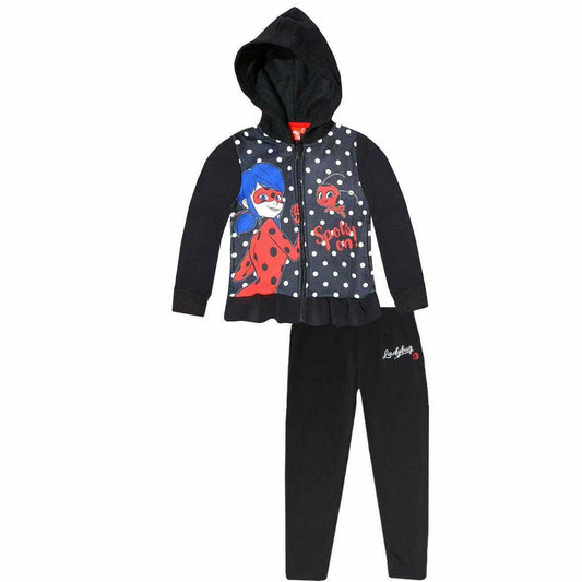 Miraculous Tales Of Ladybug & Cat Noir Black Tracksuit,  Ages 4, 5, 6, 8, Jacket Has White Polka Dots, Hood, Zip & Pockets, Jogging Bottoms Are Black Elasticated Waist, 100% Polyester, Official Merchandise