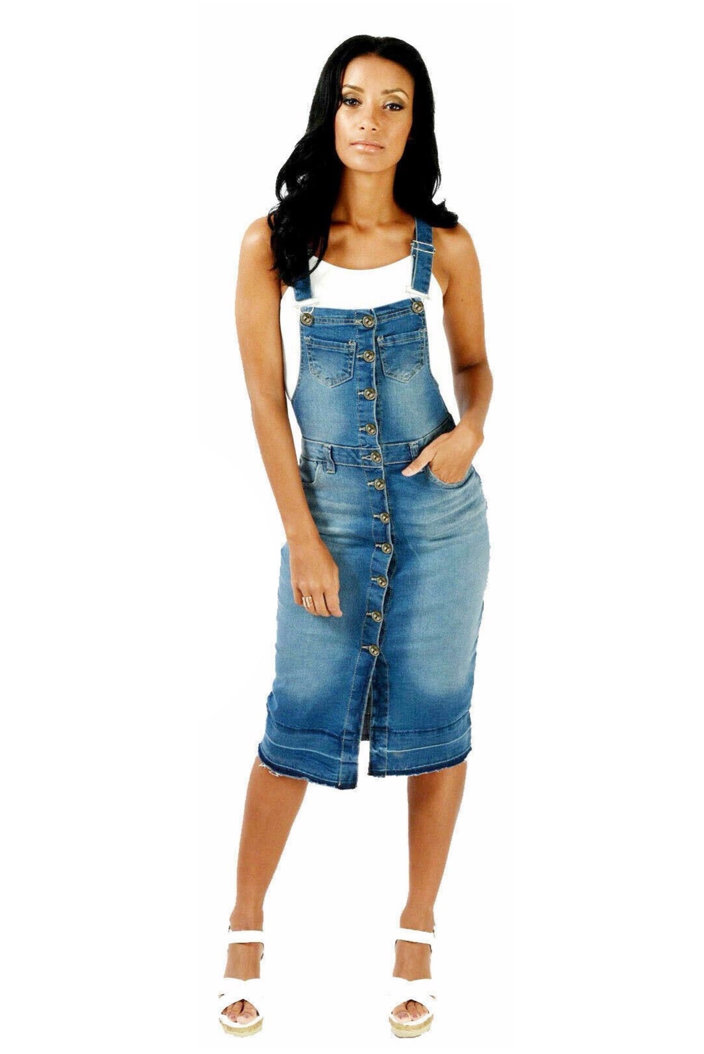 Denim Knee Length Pinafore Dress