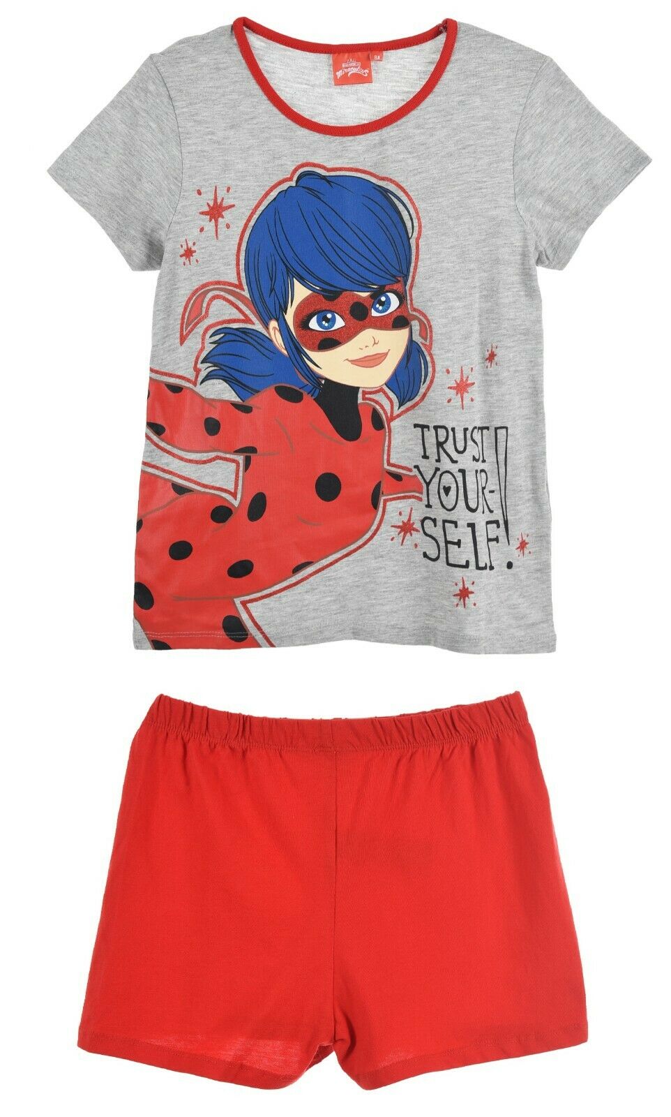 Miraculous Ladybug & Cat Noir Grey & Red Pyjama Short Set. Ages 4, 5, 6, 8, 95% Cotton & 5% Viscose