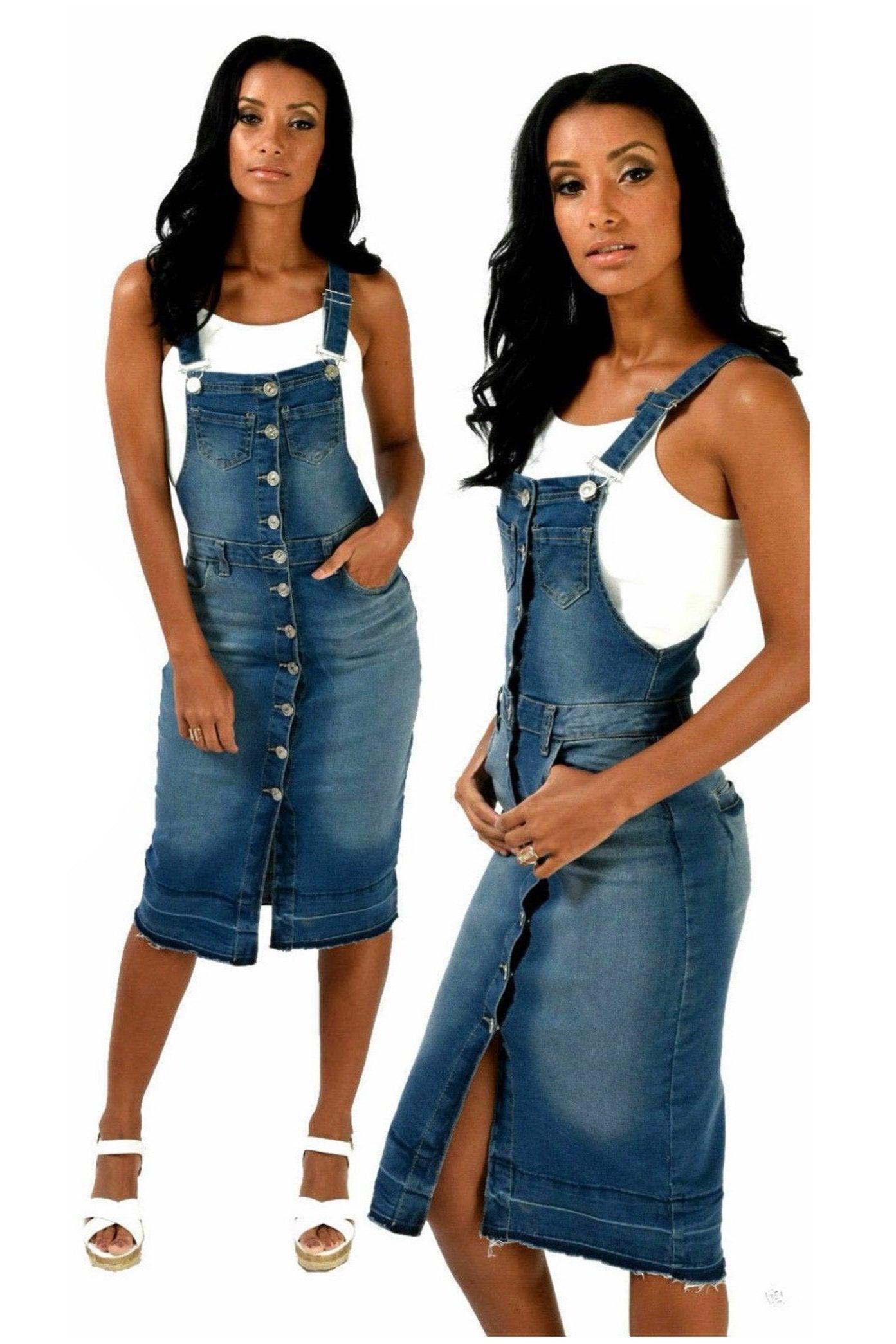 Denim Knee Length Pinafore Dress