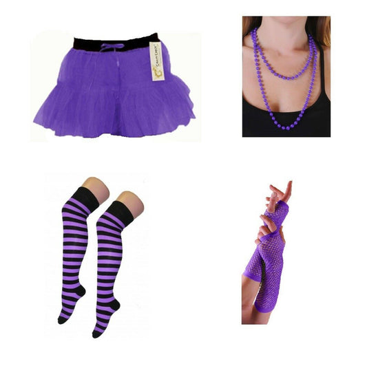 Women's 70s 80s Retro Theme 4 Piece Skirt Striped Socks Gloves Necklace Tutu Skirt Costume Set