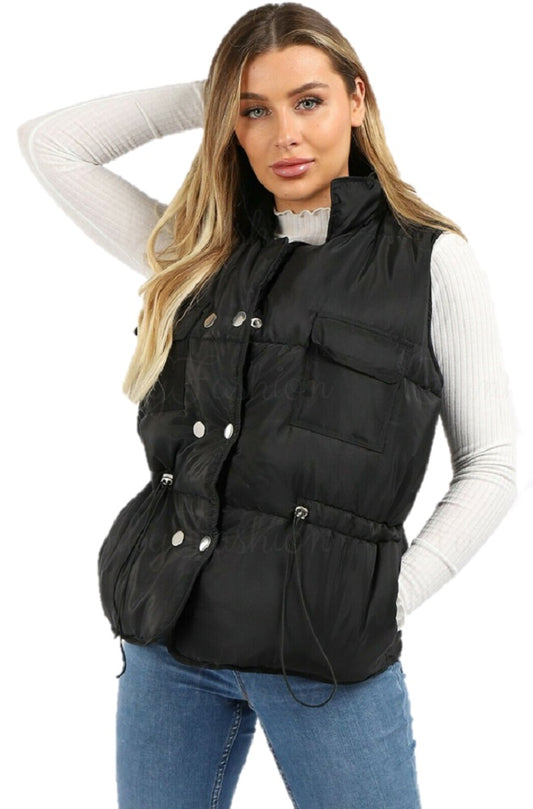 Ladies Sleeveless Black Quilted Gilet, Sizes XS-S (6-8), S-M (10-12), L-XL (14-16), Two Front Pockets, Button Fastening, Elasticated Waist Detail, 100% Polyester