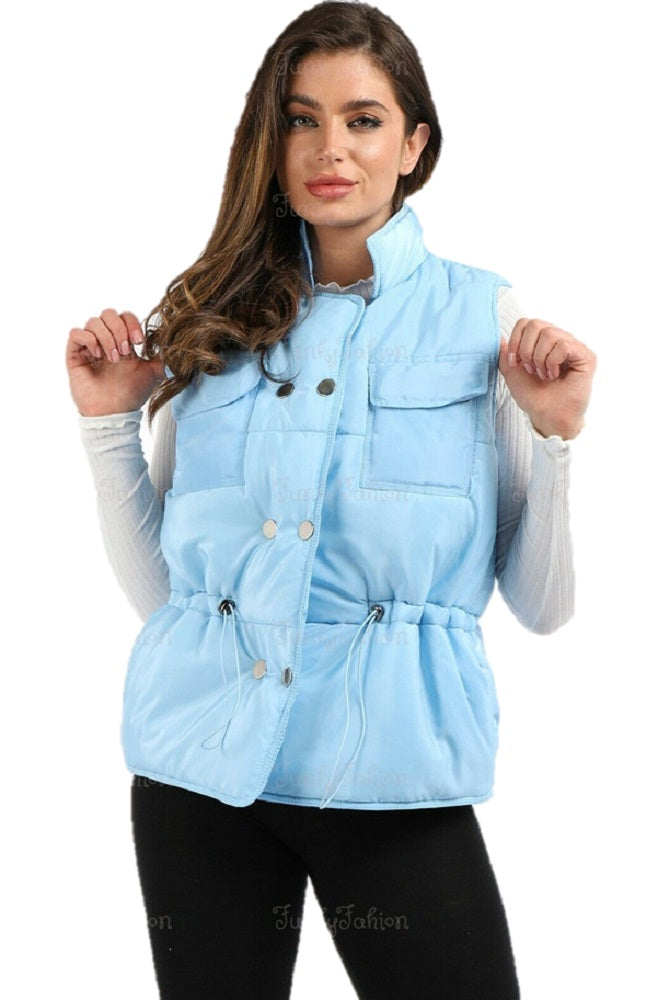 Ladies Sleeveless Sky Blue Quilted Gilet, Sizes XS-S (6-8), S-M (10-12), L-XL (14-16), Two Front Pockets, Button Fastening, Elasticated Waist Detail, 100% Polyester