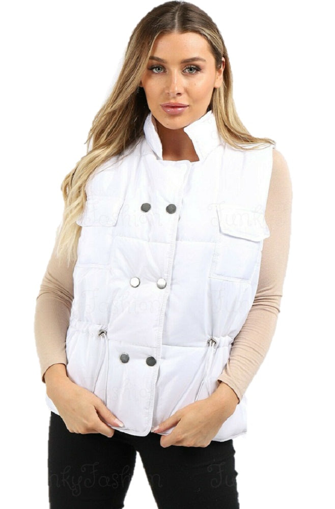 Ladies Sleeveless White Quilted Gilet, Sizes XS-S (6-8), S-M (10-12), L-XL (14-16), Two Front Pockets, Button Fastening, Elasticated Waist Detail, 100% Polyester