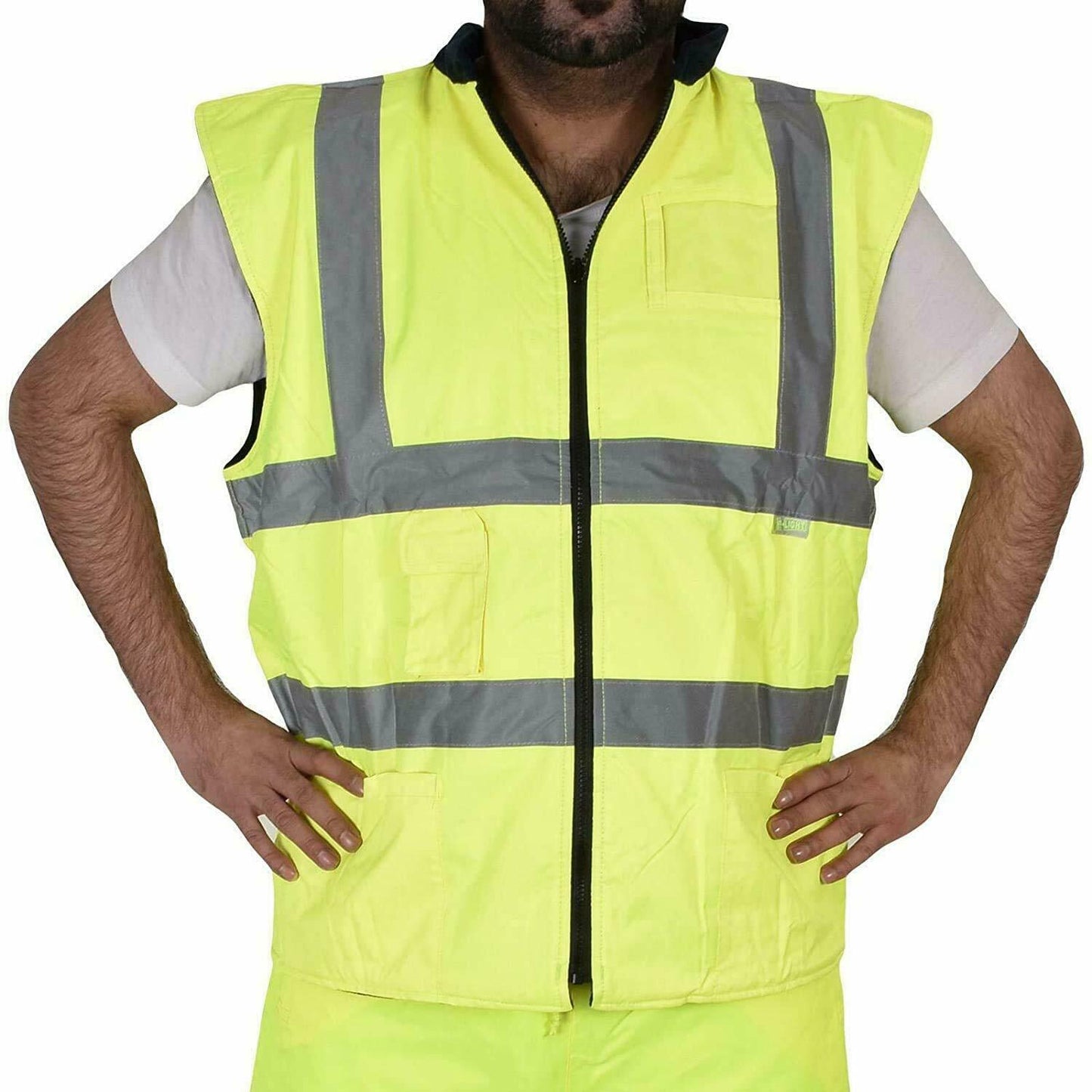 Hi Vis Yellow EN471 Class 2 Work Wear Gilets. These Have Multiple Pockets At The Front. It Is A Zip Fastening. The Gilets Have The CE Testing Mark Demonstrating Compliance With 89/686/EEC Personal Protective Equipment Annex 11 Heath And Safety Requirements. They Have Also Been manufactured Under Rigorous ISO9001 Quality Process Standards. These Are Also  Available In Orange In Sizes Small To 5 X-Large.